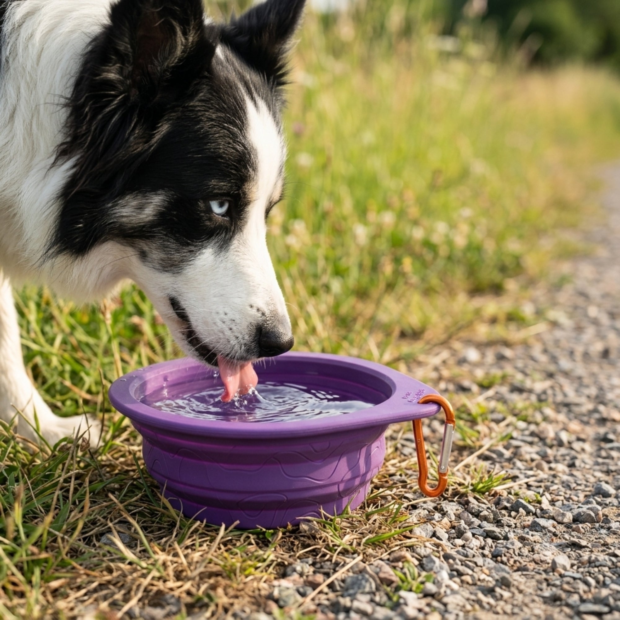 Schwarz-weißer Hund trinkt unterwegs Wasser aus dem faltbaren lila Reisenapf Go Bowl mit Karabiner