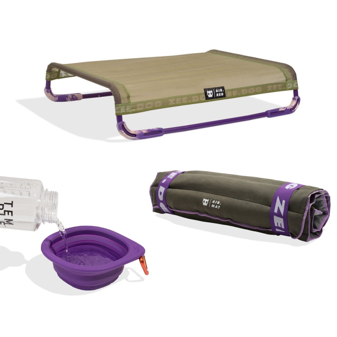 Reise-Set für Hunde von Zee.Dog mit erhöhtem Air.Bed, gerollter Air.Mat und faltbarem Napf Go Bowl