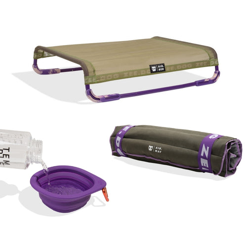 Reise-Set für Hunde von Zee.Dog mit erhöhtem Air.Bed, gerollter Air.Mat und faltbarem Napf Go Bowl