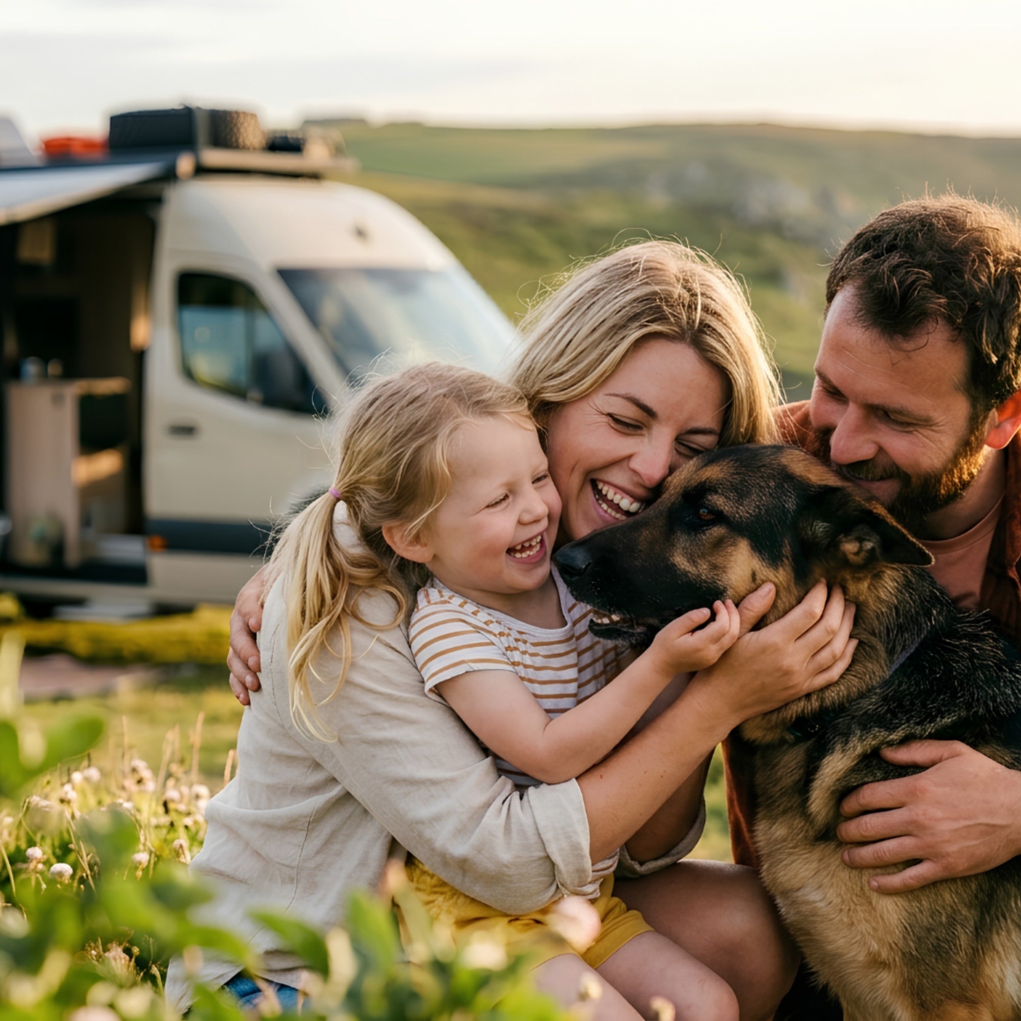 Lachende Familie umarmt ihren Schäferhund vor dem Campervan im Abendlicht – Blizz Dog, Vanlife mit Hund