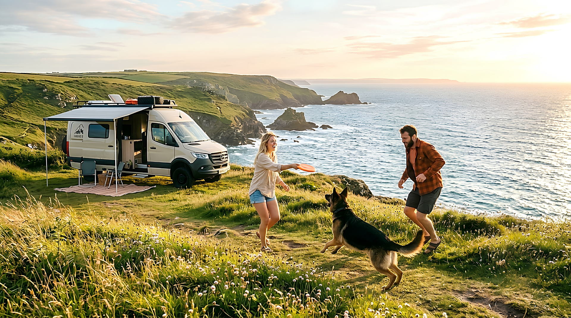 Frau und Mann mit Hund am Campervan auf einer Küstenklippe im Abendlicht – Vanlife und Reisen mit Hund